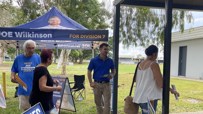 Suspended councillor Ryan Bayldon-Lumsden campaigning at Runaway Bay on the first day of pre-poll at the 2024 Gold Coast City Council election. Picture: Paul Weston.