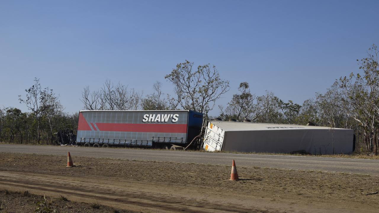 The truck tipped on its side as a result of the impact. Picture: Sierra Haigh