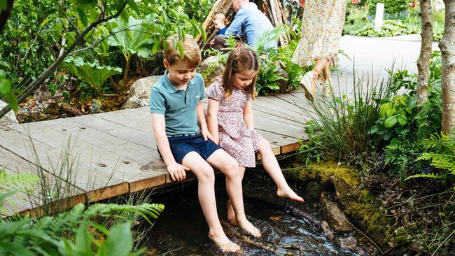 Have they hidden an iPad under that stream to keep Prince George and Princess Charlotte still for this shot? Picture: Matt Porteous/Kensington Palace/AFP