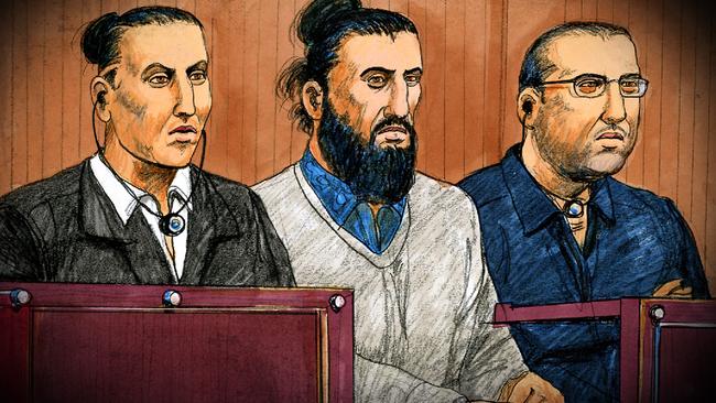 Ahmed Mohamed, Abdullah Chaarani and Hamza Abbas. Court Sketch: Jeff Hayes