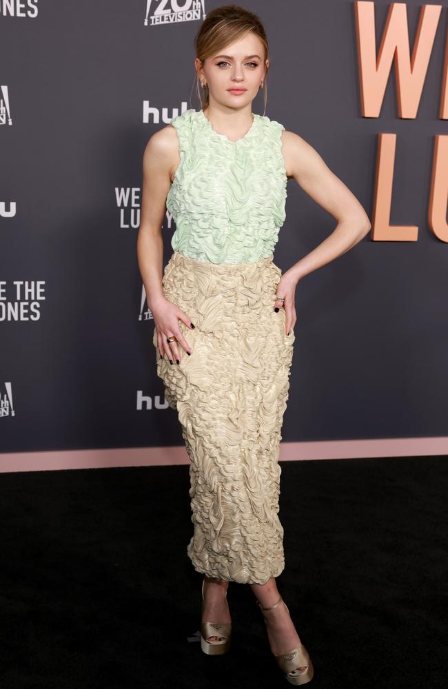 Also at that premier was Joey King, wearing a mint textured top tucked into a matching gold pencil skirt, all by Prada. Picture: Matt Winkelmeyer/Getty Images