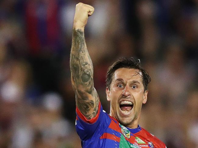 Newcastle's Mitchell Pearce celebrates after kicking the winning field goal in extra time during the Newcastle Knights v Manly rugby league match at McDonald Jones Stadium, Newcastle. Picture: Brett Costello