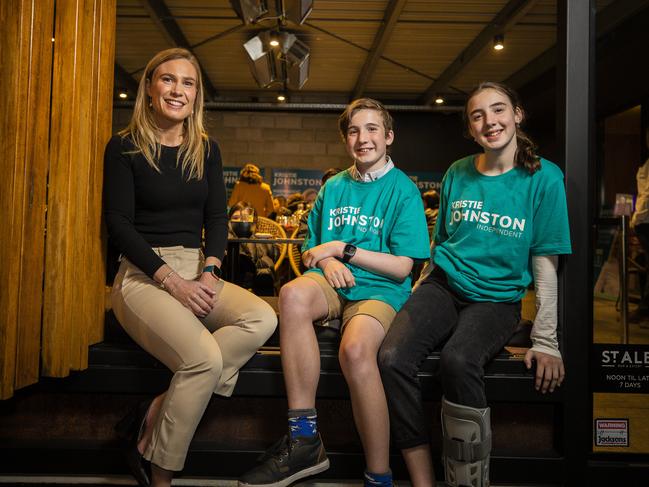 Kristie Johnston with her children Harry and Lucy, after polls closed in the 2021 Tasmanian state election. Picture: Richard Jupe