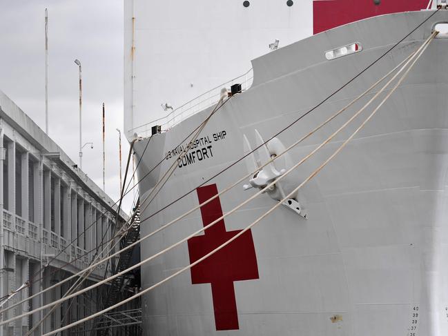 The USNS Comfort navy hospital ship sits docked at Pier 90 in New York. Picture: AFP