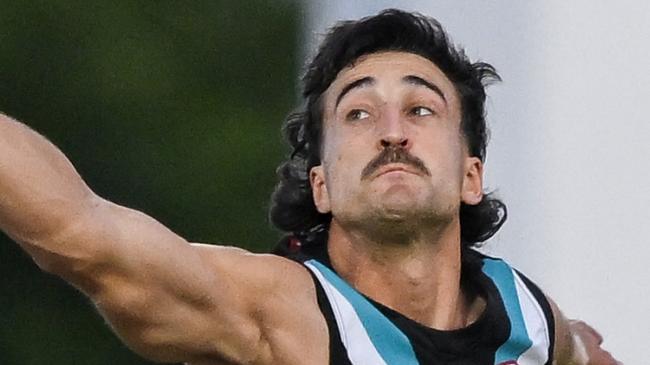 ADELAIDE, AUSTRALIA - MARCH 01:  Ivan Soldo of the Power   rucks against  Liam Reidy of the Dockers during the 2024 AFL Community Series match between Port Adelaide Power and Fremantle Dockers at Alberton Oval on March 01, 2024 in Adelaide, Australia. (Photo by Mark Brake/Getty Images)