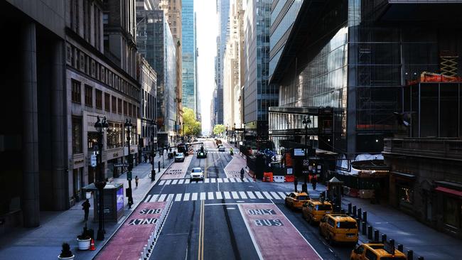 Usually one of the most congested streets in Manhattan, 42nd Street stands nearly empty on May 12, 2020 in New York City. Picture: Spencer Platt/Getty Images/AFP