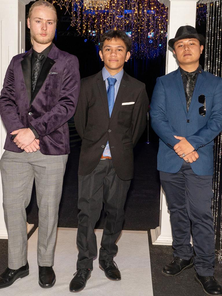 Caleb Leonard, John Morano and Martin Lunag at Mackay Christian College Graduation dinner, Thursday 16 November 2023 Picture:Michaela Harlow