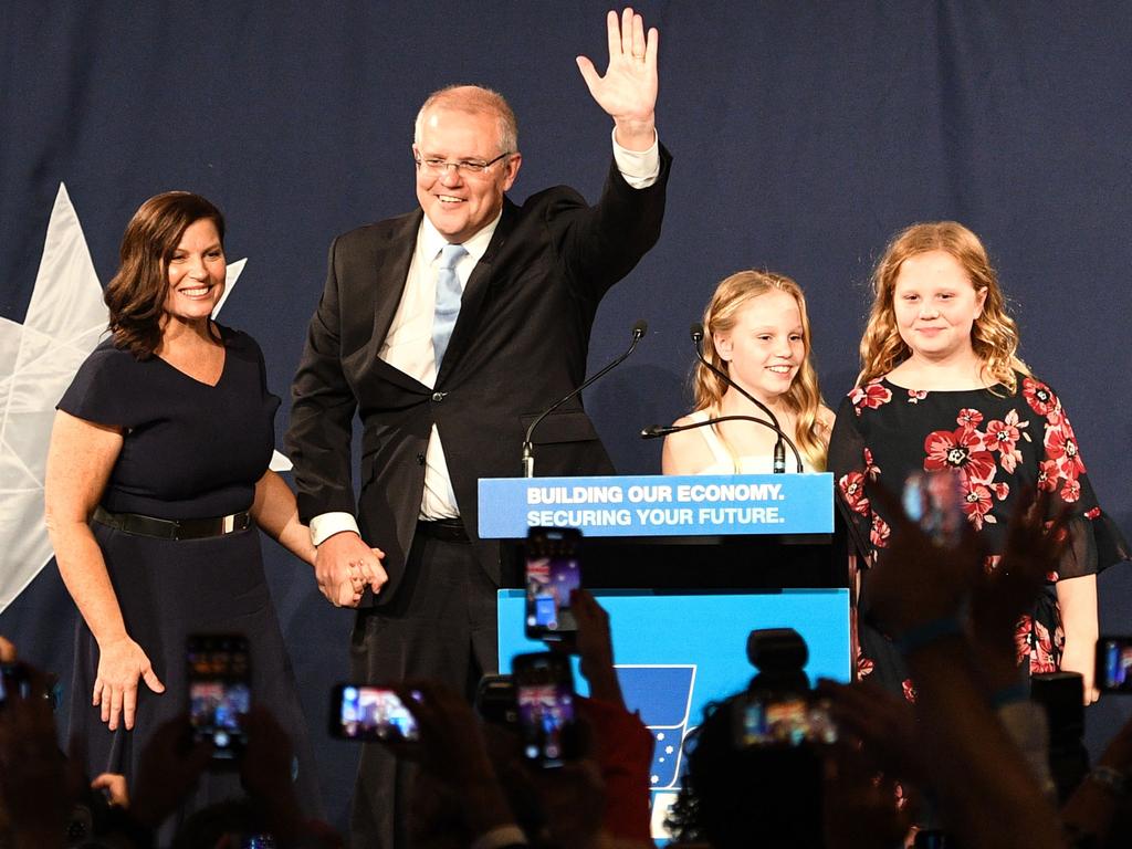 Prime Minister Scott Morrison with his family on election night last year. Picture: Saeed Khan/AFP