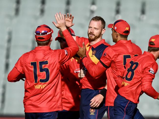 ADELAIDE, AUSTRALIA - MARCH 01: Nathan McAndrew of South Australia   celebrates the wicket of Harry Dixon of Victoria  during the ODC Final match between South Australia and Victoria at Adelaide Oval, on March 01, 2025, in Adelaide, Australia. (Photo by Mark Brake/Getty Images)