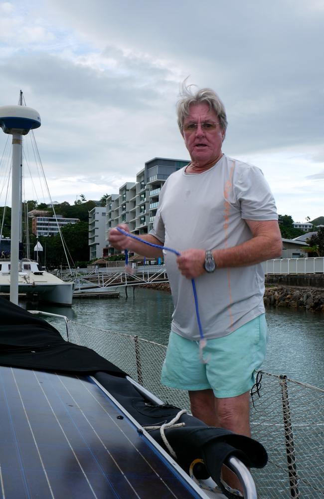 Townsville man Shane Baildon on his yacht at Townsville's Breakwater Marina on Thursday morning. Picture: Blair Jackson