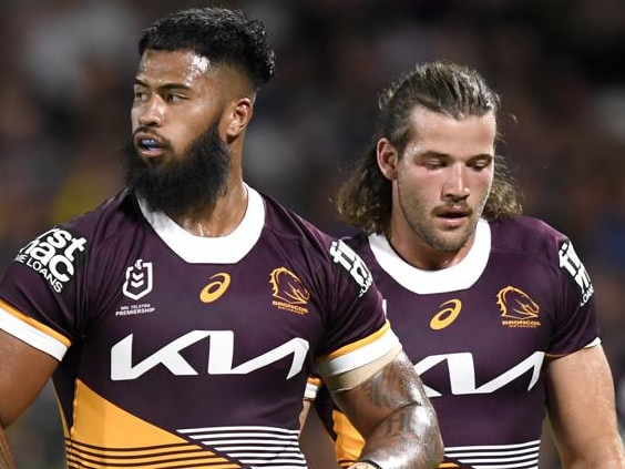 Broncos teammates Payne Haas and Pat Carrigan will be on opposite sides on Wednesday night.