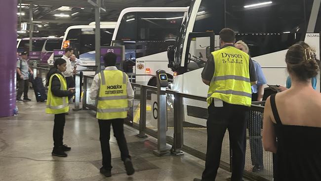 Buses lined up to replace trains at Southern Cross Station on Wednesday.