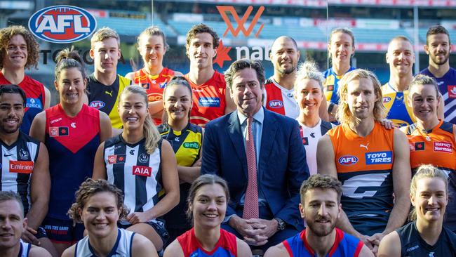 Gillon McLachlan at the announcement of an 18-team AFLW in 2022. Picture: Mark Stewart