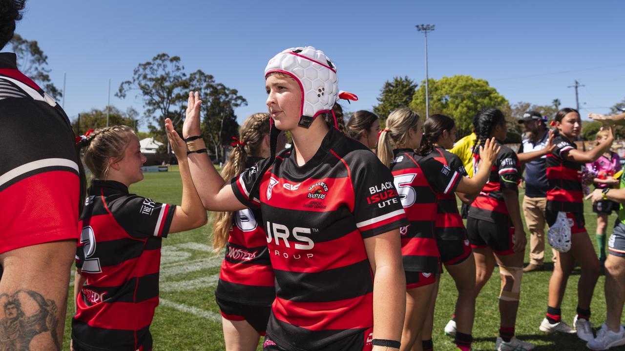 Valleys celebrate their win against Brothers in U15 girls Toowoomba Junior Rugby League grand final at Toowoomba Sports Ground, Saturday, September 7, 2024. Picture: Kevin Farmer