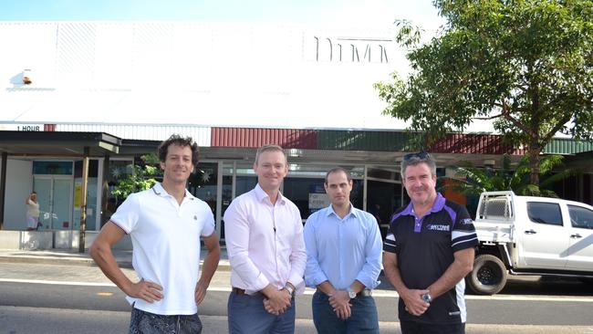 New tenants Skin, Ski &amp; Surf operator Marvin Baumeister (left) and Anytime Fitness northern franchisee Troy Cooper (right) with Colliers associate director Neville Smith (second left) and National Retail Group director Michael Spektor outside the Flinders St building which will be redeveloped.