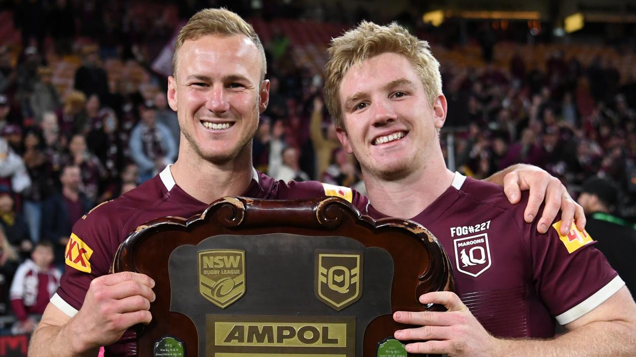 Daly Cherry-Evans and Tom Dearden celebrate Queensland’s State of Origin win. Picture: NRL Photos