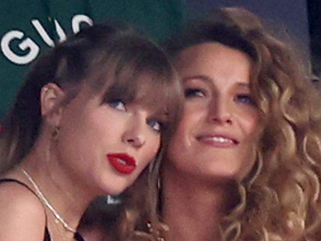 LAS VEGAS, NEVADA - FEBRUARY 11: Rapper Ice Spice, singer Taylor Swift and actress Blake Lively prior to Super Bowl LVIII between the San Francisco 49ers and Kansas City Chiefs at Allegiant Stadium on February 11, 2024 in Las Vegas, Nevada. (Photo by Steph Chambers/Getty Images)