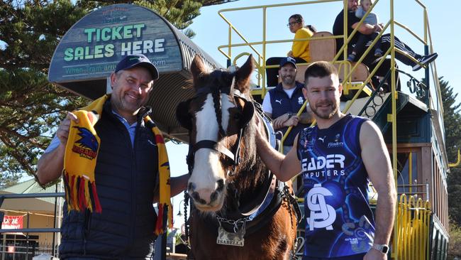 Former Crow Tony Modra (left) with star South Adelaide midfielder Bryce Gibbs and Panthers coach Jarrad Wright get for Saturday’s SANFL clash at Victor Harbor. Picture: South Adelaide Media