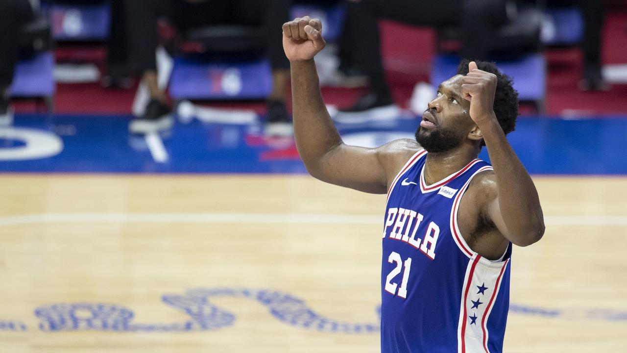 Joel Embiid celebrates after scoring 50 points in the 76ers win over the Bulls.