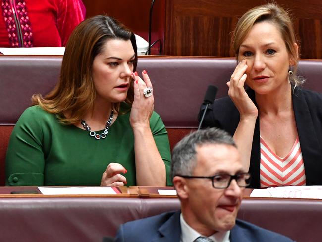 Senator Sarah Hanson-Young, Senator Larissa Waters and Senator Richard Di Natale are seen during  the swearing in to mark the start of the 46th Parliament at Parliament House in Canberra, Tuesday, 2 July 2019. (AAP Image/Sam Mooy) NO ARCHIVING