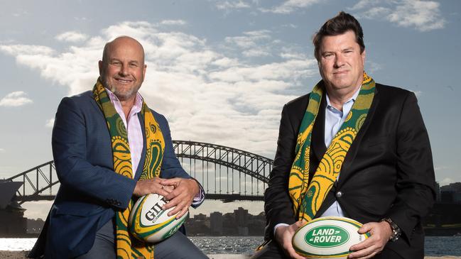 Outgoing Rugby Australia chief executive Rob Clarke with RA chairman Hamish McLennan. Picture: Getty Images