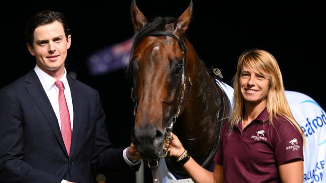 Trainer Tom Charlton with Schwarz after winning the Group 2 Australia Stakes at The Valley on Friday night Picture: Vince Caligiuri/Getty Images