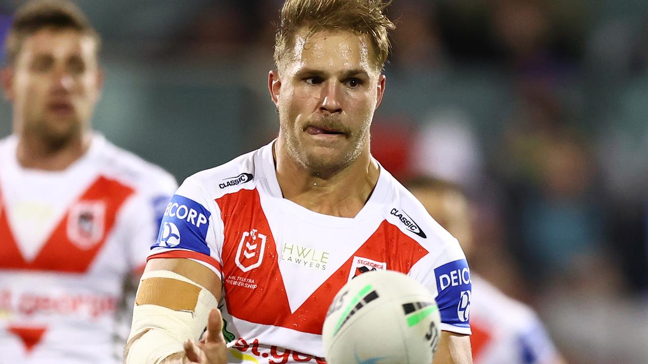 WOLLONGONG, AUSTRALIA - JUNE 19: Jack De Belin of the Dragons passes during the round 15 NRL match between the St George Illawarra Dragons and the Canberra Raiders at WIN Stadium, on June 19, 2021, in Wollongong, Australia. (Photo by Mark Nolan/Getty Images)