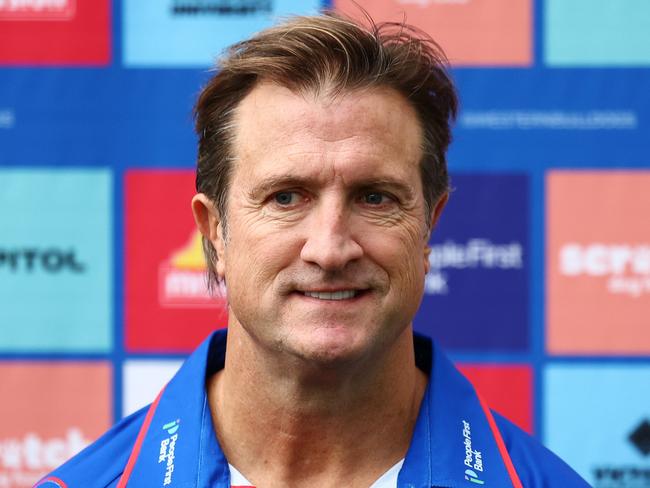 MELBOURNE, AUSTRALIA - MAY 06: Luke Beveridge, Head Coach of the Bulldogs speaks to media during a Western Bulldogs AFL training session at Mission Whitten Oval on May 06, 2025 in Melbourne, Australia. (Photo by Morgan Hancock/Getty Images)
