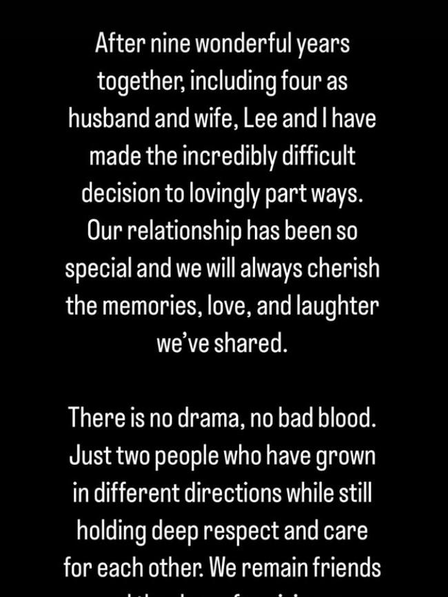 Georgia Love posted a statement online confirming she had split with her husband Lee Elliott on Friday, February 28, 2025. Picture: Instagram