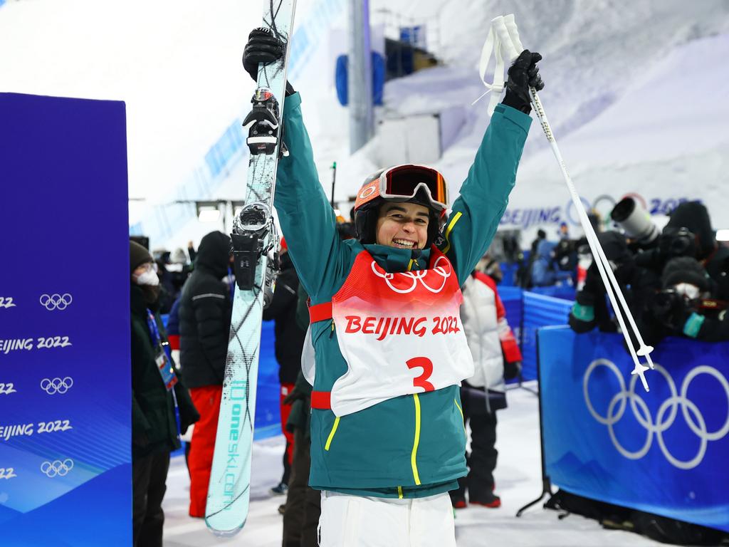 Jakara Anthony of Team Australia reacts after winning the gold medal during the Women's Freestyle Skiing Moguls Final on Day 2 of the Beijing 2022 Winter Olympic Games. Picture: Getty Images