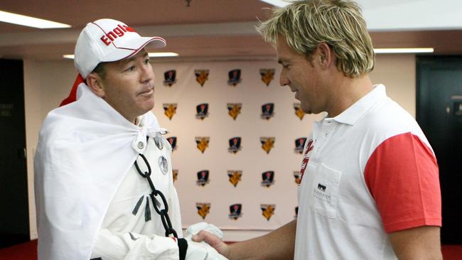 Barmy Army member Craig Gills prepares to face Shane Warne in the nets.