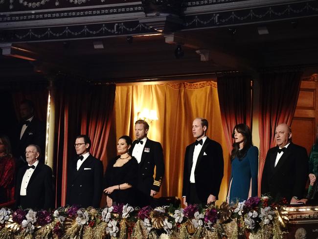 Prince William and Catherine with Crown Princess Victoria and Prince Daniel of Sweden sing the national anthem during the Royal Variety Performance. Picture: Getty Images