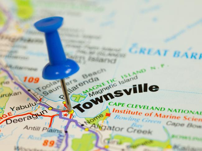 Generic map. Townsville, Queensland located by a blue push pin on a map. Picture: CraigRJD/istock