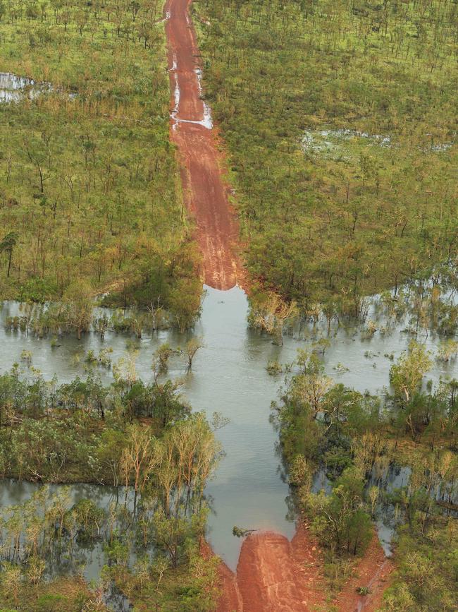 A flooded road is seen near Borroloola on Wednesday, March 27, 2019. More than 2000 people were evacuated from communities, ahead of Cyclone Trevor, the largest such effort in the NT since Cyclone Tracy hit Darwin in 1974. Picture: Keri Megelus