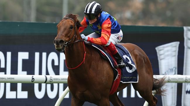 SYDNEY, AUSTRALIA - NOVEMBER 02: Craig Williams riding Bella Nipotina wins Race 7 Russell Balding Stakes during Golden Eagle Day at Rosehill Gardens on November 02, 2024 in Sydney, Australia. (Photo by Jeremy Ng/Getty Images)