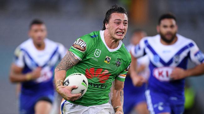 Charnze Nicoll-Klokstad makes a break for the Raiders. Picture: AAP