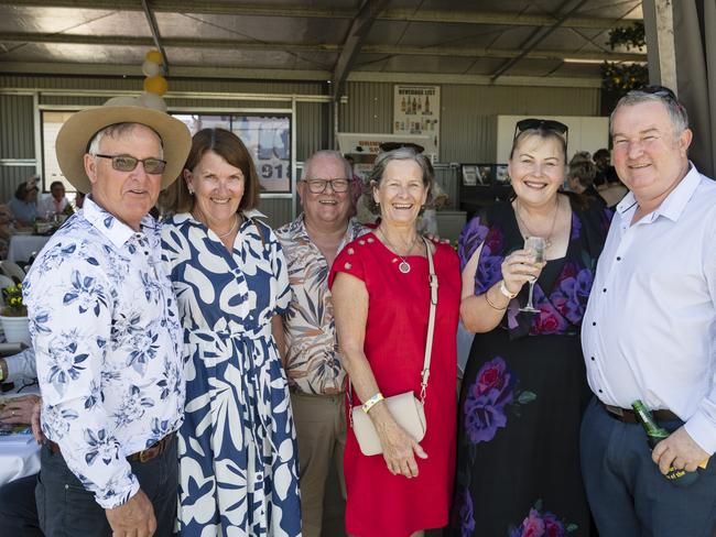 At Warwick Cup race day are (from left) Marcus Paice, Carolyn Paice, Lindsay Wells, Yvonne Wells, Sharon Miller and Adam Moodie at Allman Park Racecourse, Saturday, October 14, 2023. Picture: Kevin Farmer