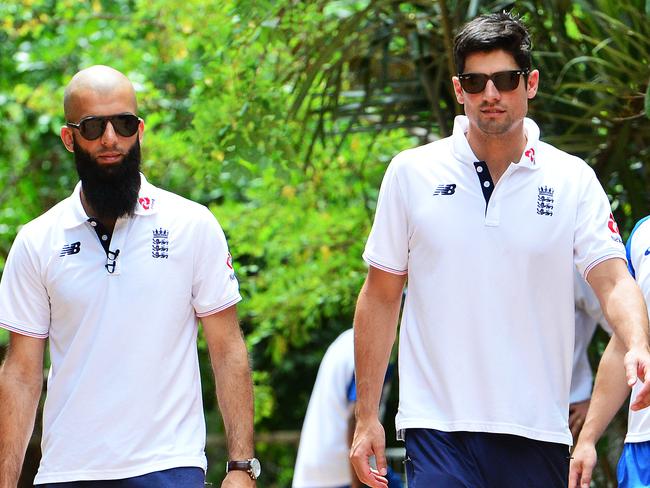 Alastair Cook and Moeen Ali in Townsville. Picture: Zak Simmonds