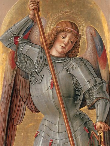 <p><strong>Bartolomeo Vivarini</strong><br/> <em>Saint Michael from Scanzo polyptych</em> 1488.<br/> Tempera and gold on wood panel.<br/> Accademia Carrara, Bergamo, bequest of Giacomo Carrara, 1796.<br/> Picture: Supplied<br/> (This image has been cropped).</p>