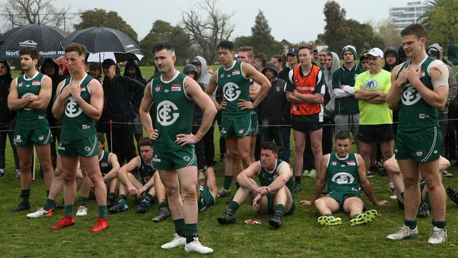 Greensborough players dejected after the 2019 Division 1 grand final. Picture: Hamish Blair