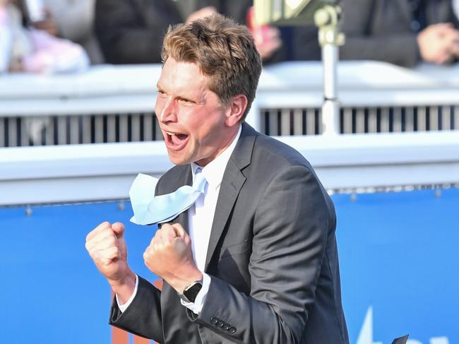 Mitchell Freedman after Attrition won the Hyland Race Colours Toorak Handicap at Caulfield Racecourse on October 14, 2023 in Caulfield, Australia. (Photo by Pat Scala/Racing Photos via Getty Images)