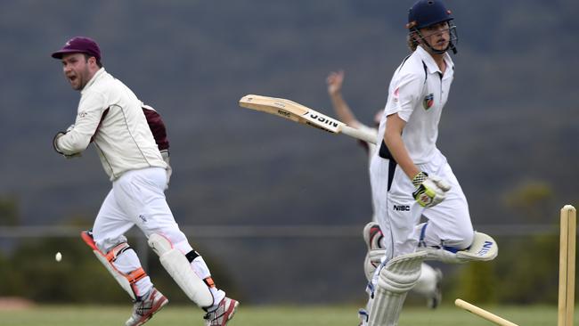 Rivergum’s Paul Unkles celebrates after Bundoor Park’s Bronson Hill is run out. Picture:Andy Brownbill