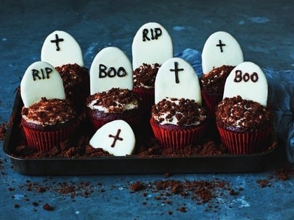 Find the recipe for these tombstone red velvet cupcakes at www.taste.com.au.