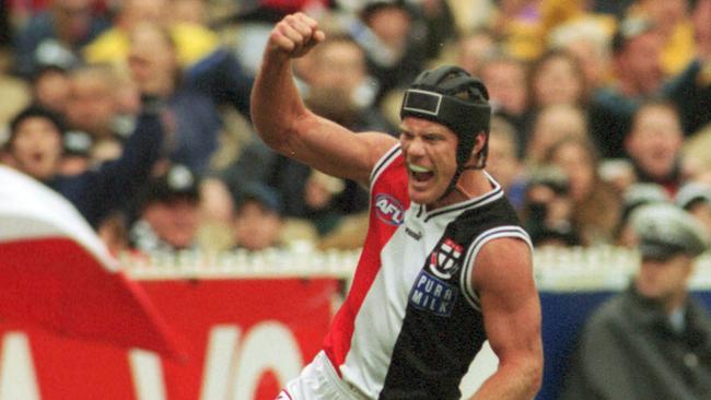 26 May 2001. St Kilda's Nathan Burke celebrates a goal during the match vs Collingwood at the MCG. sport AFL action fist raised yelling