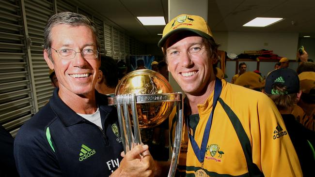 Former national coach John Buchanan and spearhead Glenn McGrath after Australia’s 2007 World Cup final win against Sri Lanka at Kensington Oval, Barbados.