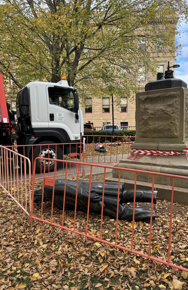 Vandals cut down the controversial William Crowther statue overnight in Hobart's Franklin Square. Picture: Nikki Davis-Jones