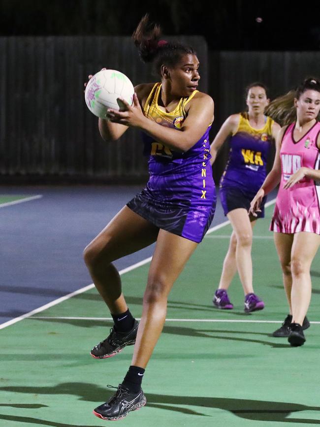 Former Sharks player Salmui Whap-Farrar in control for the Fierce in the Cairns Netball Association Senior Division 1 match between Phoenix Fierce and Leprechauns. PICTURE: BRENDAN RADKE