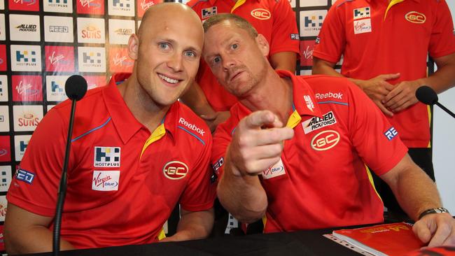 Gary Ablett and Guy McKenna after Ablett signed with the Suns.