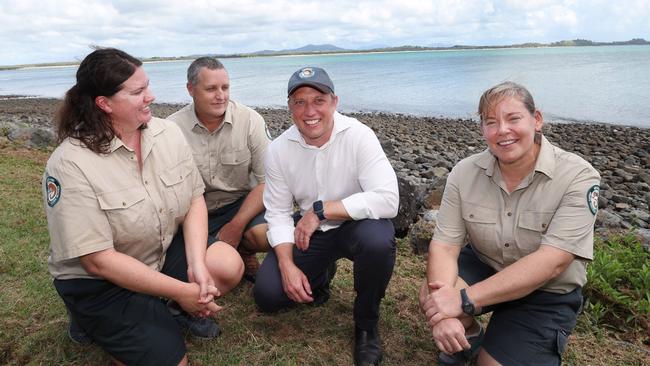 Premier Steven Miles with Old National Park Rangers in Mackay on Thursday. Picture: Annette Dew