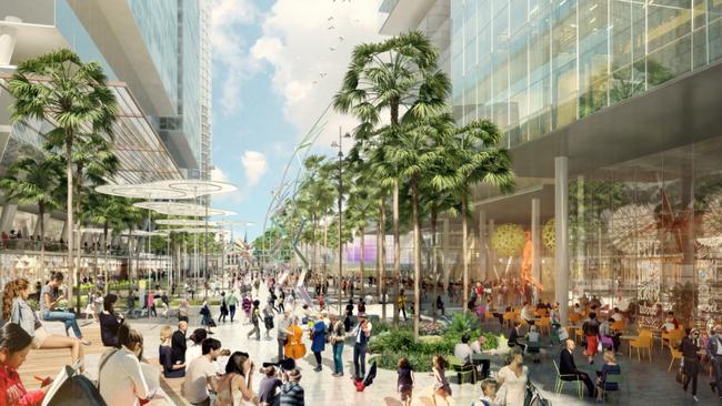 Artist impressions of the Parramatta Square Civic Link development, proposing to transform the CBD into a bustling festival and events precinct.